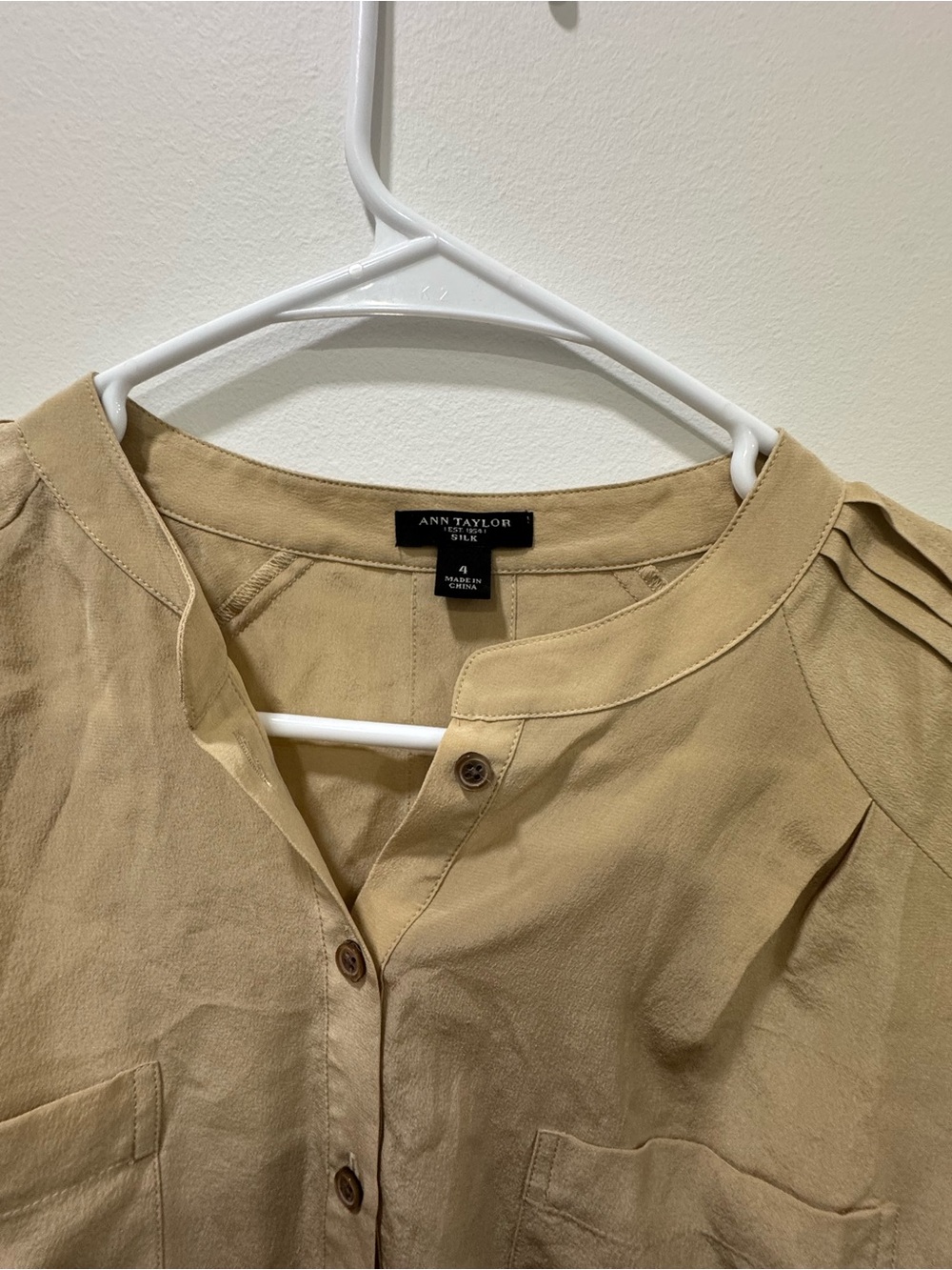 Ann Taylor Tan Silk Button-Front Blouse SZ 4 lightly used
